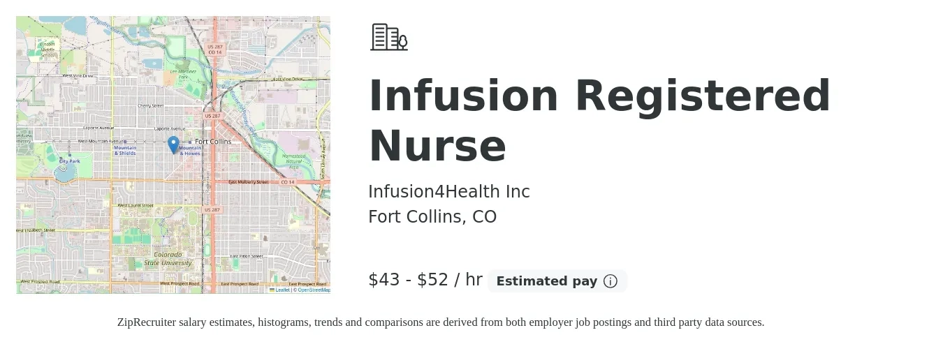 Infusion4Health Inc job posting for a Infusion Registered Nurse in Fort Collins, CO with a salary of $45 to $55 Hourly with a map of Fort Collins location.