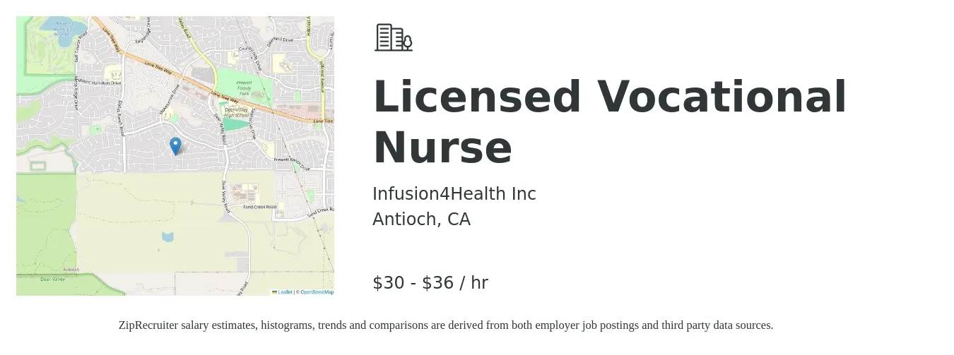 Infusion4Health Inc job posting for a Licensed Vocational Nurse in Antioch, CA with a salary of $32 to $38 Hourly with a map of Antioch location.