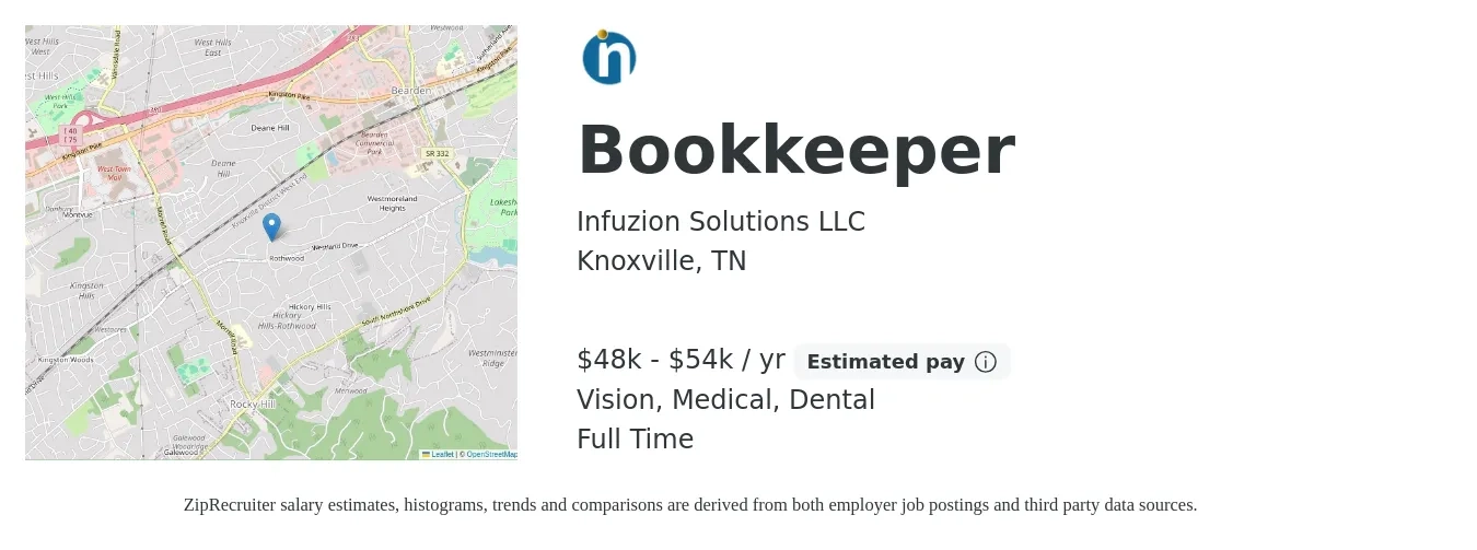 Infuzion Solutions LLC job posting for a Bookkeeper in Knoxville, TN with a salary of $48,000 to $54,000 Yearly and benefits including retirement, vision, dental, life_insurance, and medical with a map of Knoxville location.