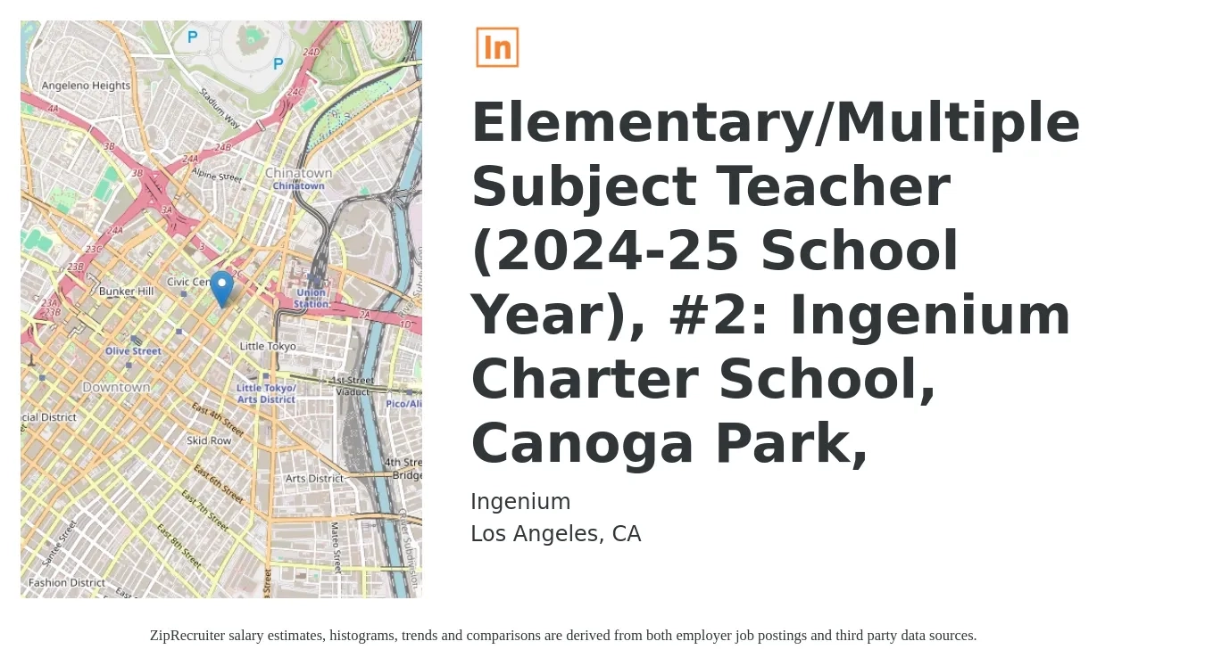 Ingenium job posting for a Elementary/Multiple Subject Teacher (2024-25 School Year), #2: Ingenium Charter School, Canoga Park, in Los Angeles, CA with a salary of $62,235 Yearly with a map of Los Angeles location.
