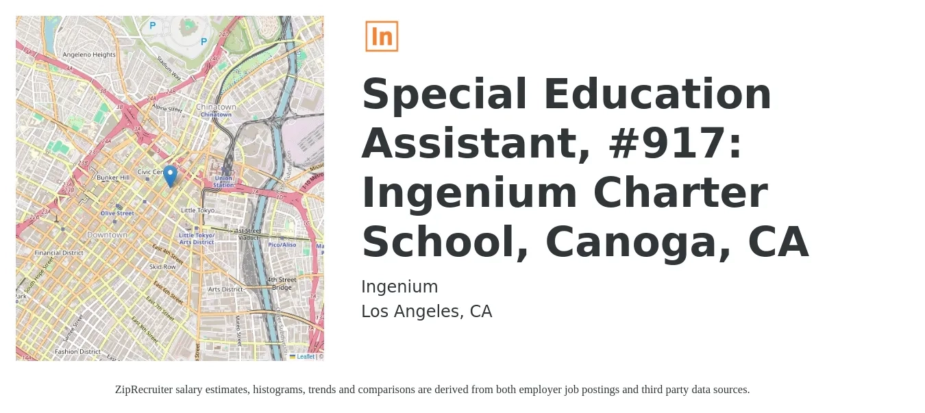Ingenium job posting for a Special Education Assistant, #917: Ingenium Charter School, Canoga, CA in Los Angeles, CA with a salary of $19 Hourly with a map of Los Angeles location.