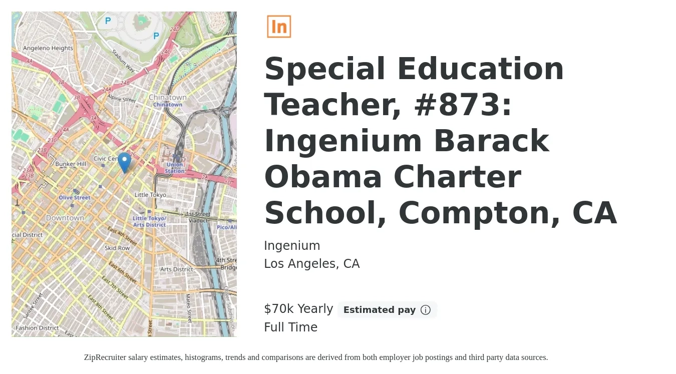 Ingenium job posting for a Special Education Teacher, #873: Ingenium Barack Obama Charter School, Compton, CA in Los Angeles, CA with a salary of $70,116 Yearly with a map of Los Angeles location.