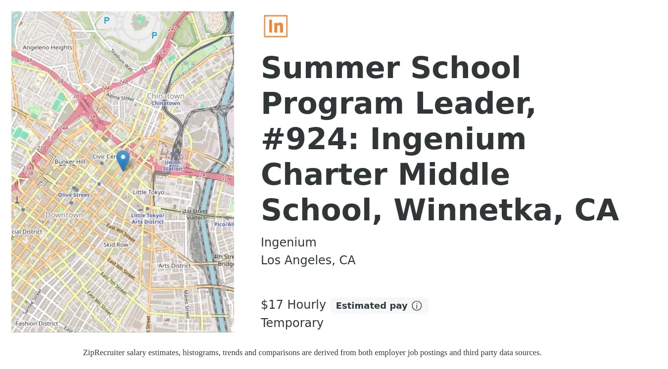 Ingenium job posting for a Summer School Program Leader, #924: Ingenium Charter Middle School, Winnetka, CA in Los Angeles, CA with a salary of $18 Hourly with a map of Los Angeles location.