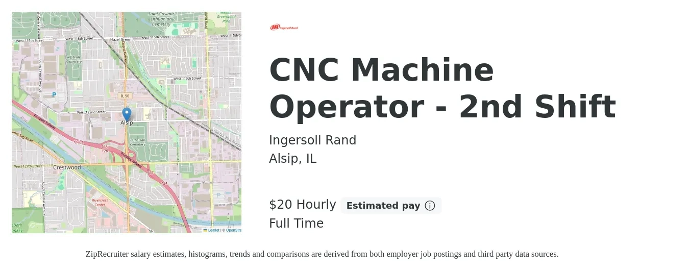 Ingersoll Rand job posting for a CNC Machine Operator - 2nd Shift in Alsip, IL with a salary of $21 Hourly with a map of Alsip location.