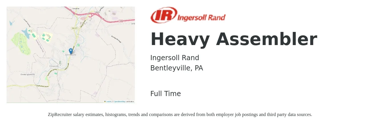 Ingersoll Rand job posting for a Heavy Assembler in Bentleyville, PA with a salary of $18 to $19 Hourly with a map of Bentleyville location.