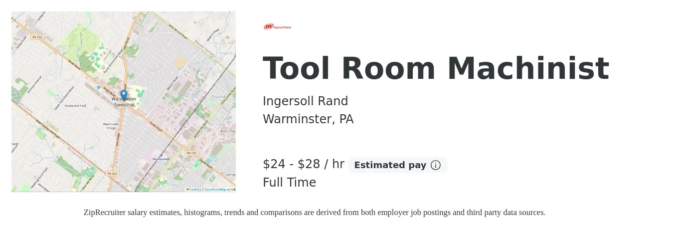 Ingersoll Rand job posting for a Tool Room Machinist in Warminster, PA with a salary of $25 to $30 Hourly with a map of Warminster location.