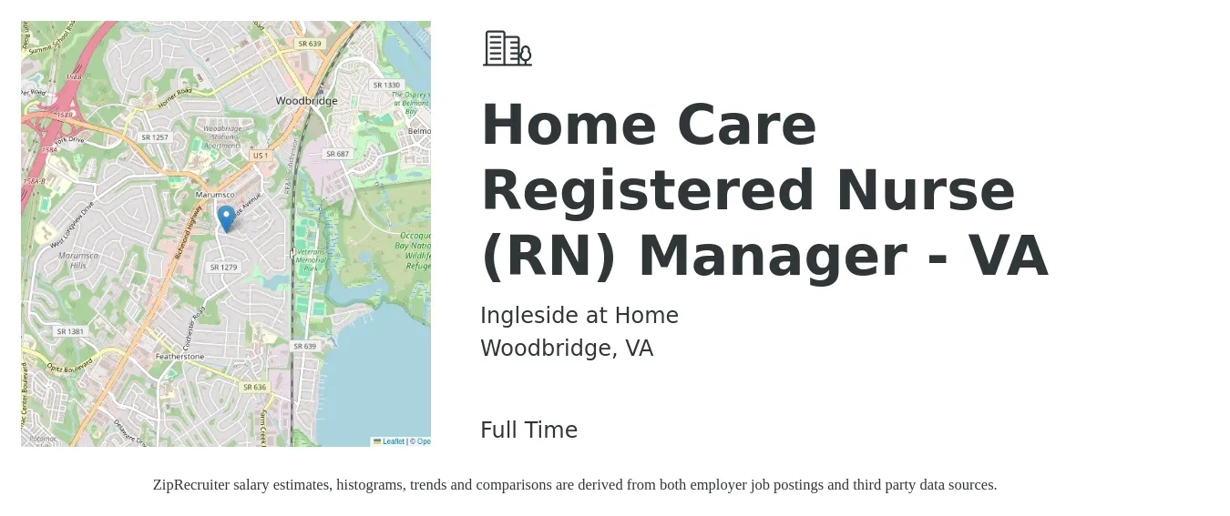 Ingleside at Home job posting for a Home Care Registered Nurse (RN) Manager - VA in Woodbridge, VA with a salary of $95,000 Yearly with a map of Woodbridge location.