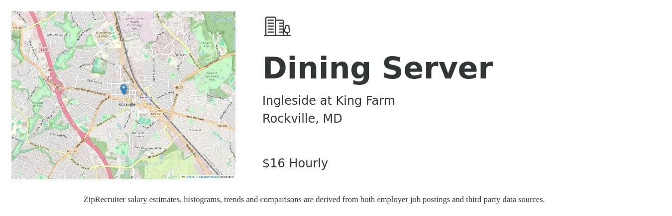 Ingleside At King Farm job posting for a Dining Server in Rockville, MD with a salary of $17 Hourly with a map of Rockville location.
