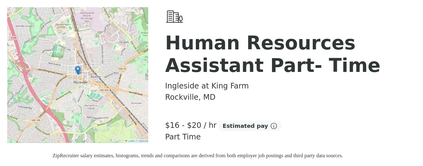 Ingleside At King Farm job posting for a Human Resources Assistant Part -Time in Rockville, MD with a salary of $17 Hourly with a map of Rockville location.