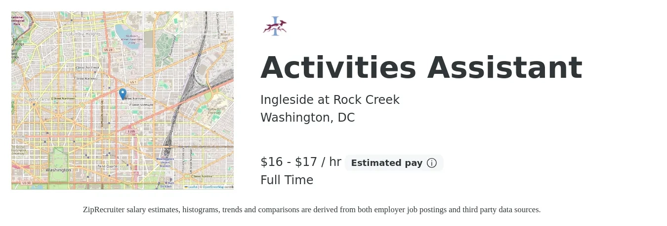 Ingleside at Rock Creek job posting for a Activities Assistant in Washington, DC with a salary of $17 to $18 Hourly with a map of Washington location.