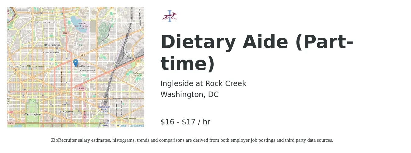 Ingleside at Rock Creek job posting for a Dietary Aide (Part-Time) in Washington, DC with a salary of $17 to $18 Hourly with a map of Washington location.