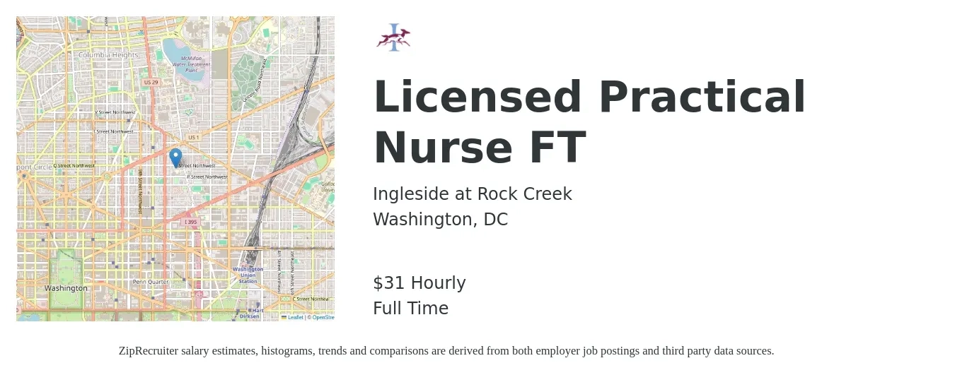 Ingleside at Rock Creek job posting for a Licensed Practical Nurse FT in Washington, DC with a salary of $32 Hourly with a map of Washington location.
