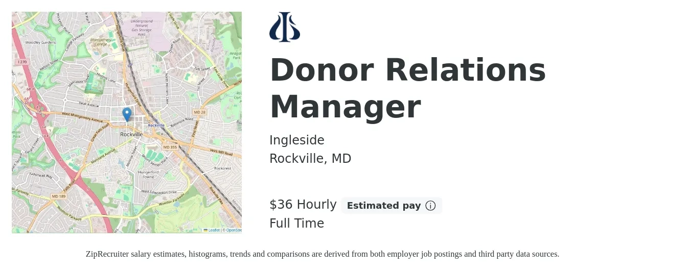 Ingleside job posting for a Donor Relations Manager in Rockville, MD with a salary of $38 Hourly with a map of Rockville location.