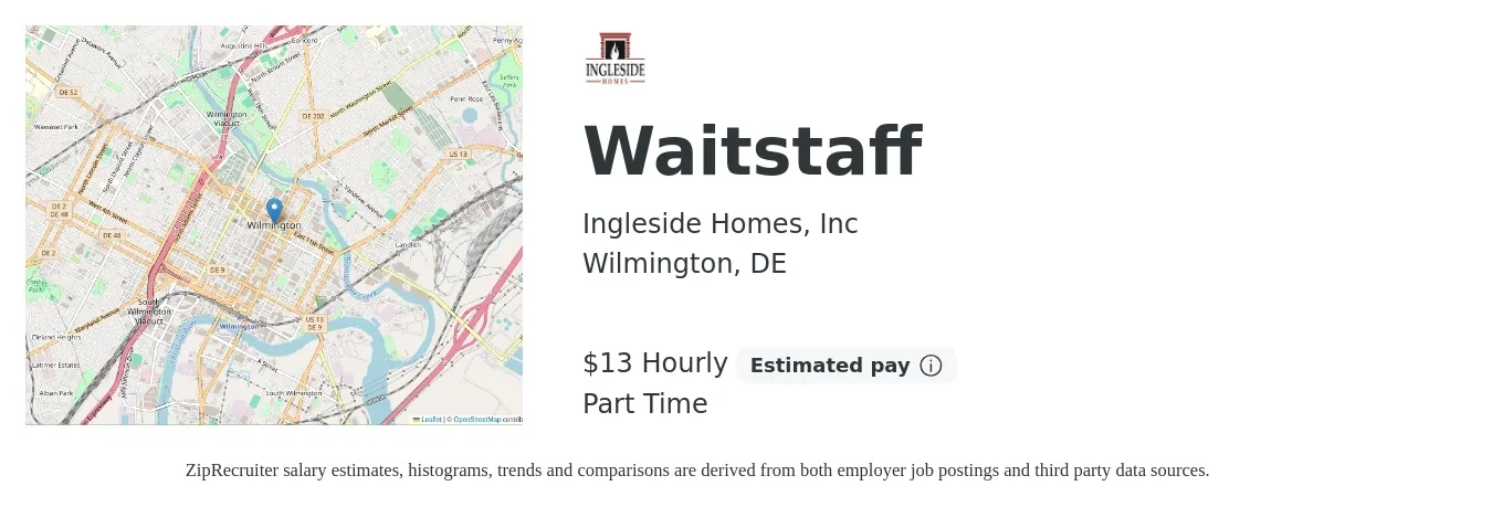 Ingleside Homes, Inc job posting for a Waitstaff in Wilmington, DE with a salary of $14 Hourly with a map of Wilmington location.