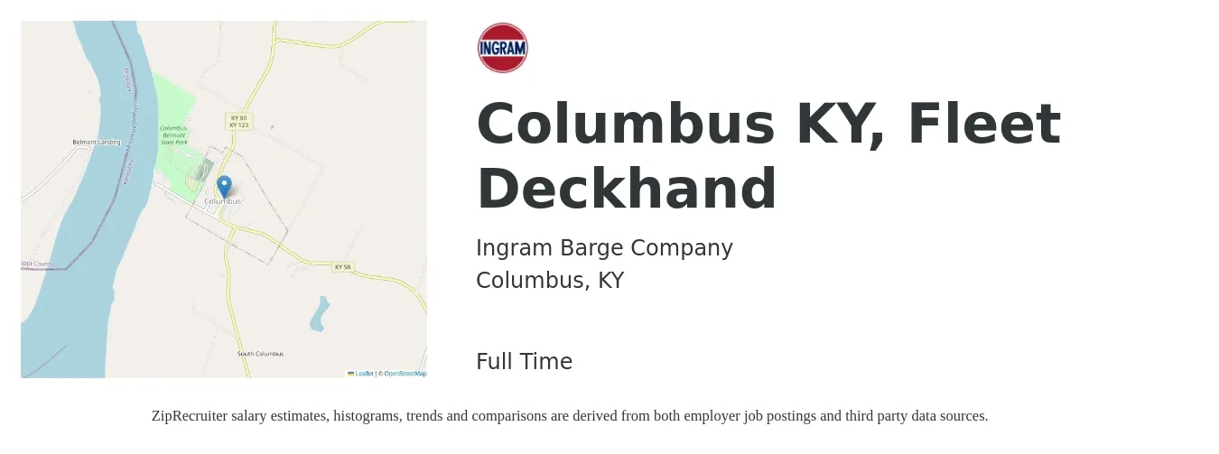 Ingram Barge Company job posting for a Columbus KY, Fleet Deckhand in Columbus, KY with a salary of $16 to $22 Hourly with a map of Columbus location.