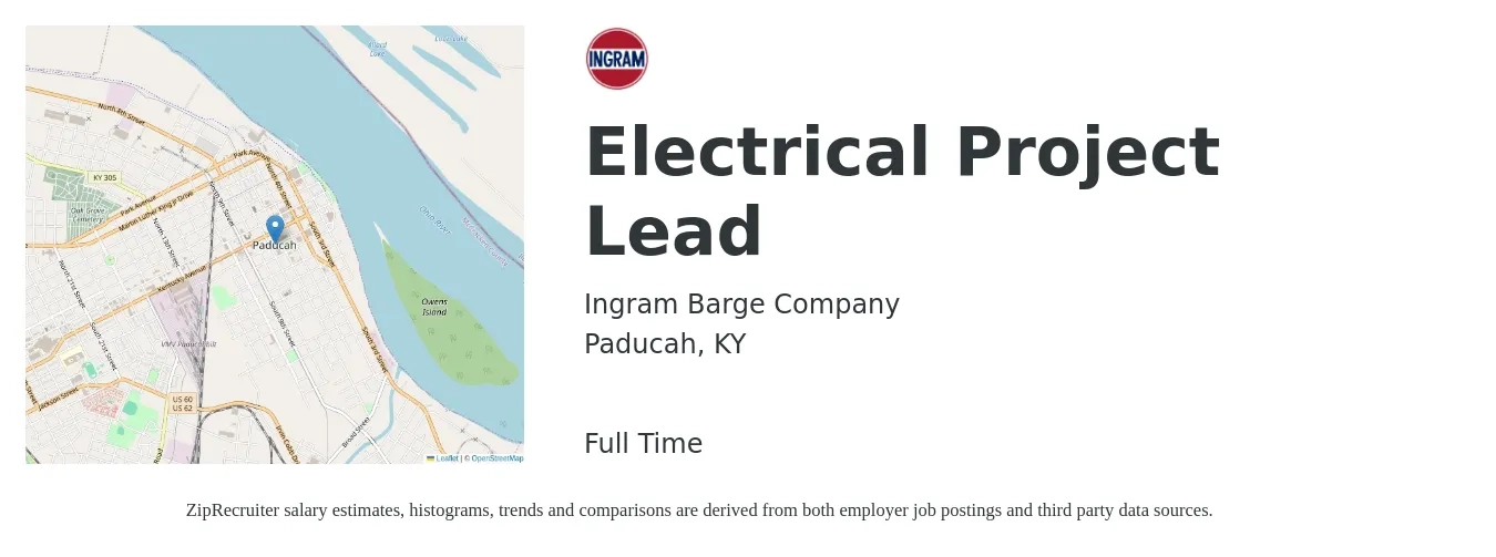 Ingram Barge Company job posting for a Electrical Project Lead in Paducah, KY with a salary of $83,900 to $119,200 Yearly with a map of Paducah location.