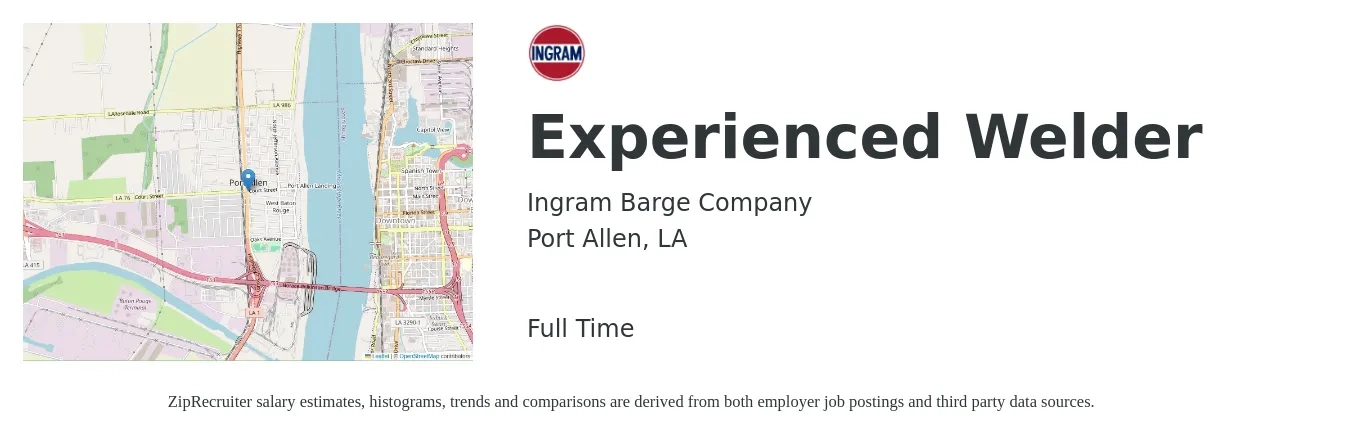 Ingram Barge Company job posting for a Experienced Welder in Port Allen, LA with a salary of $19 to $25 Hourly with a map of Port Allen location.