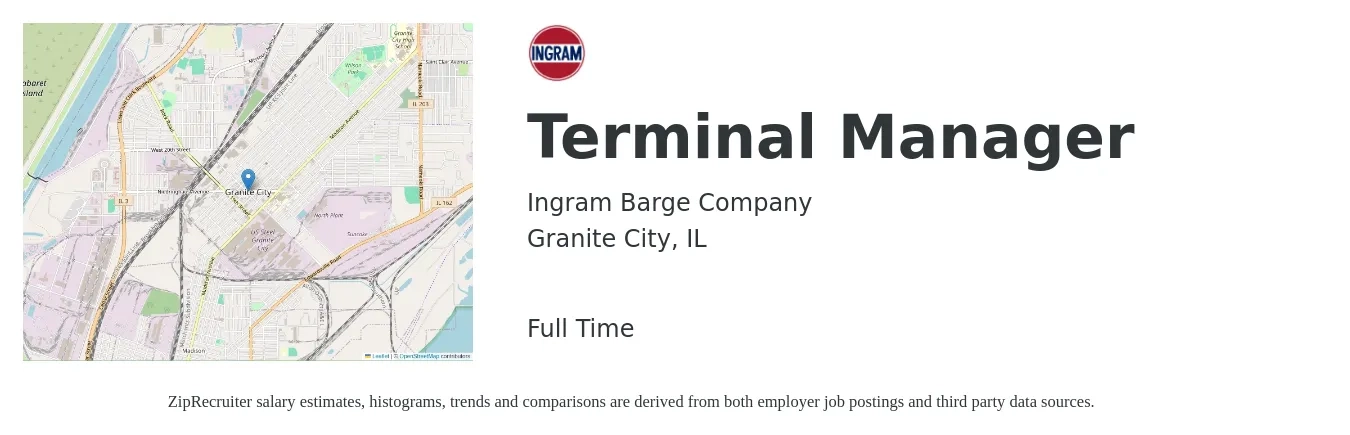 Ingram Barge Company job posting for a Terminal Manager in Granite City, IL with a salary of $54,300 to $77,600 Yearly with a map of Granite City location.
