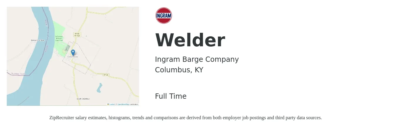 Ingram Barge Company job posting for a Welder in Columbus, KY with a salary of $14 to $22 Hourly with a map of Columbus location.