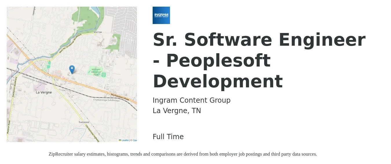 Ingram Content Group job posting for a Sr. Software Engineer - Peoplesoft Development in La Vergne, TN with a salary of $116,400 to $153,400 Yearly with a map of La Vergne location.