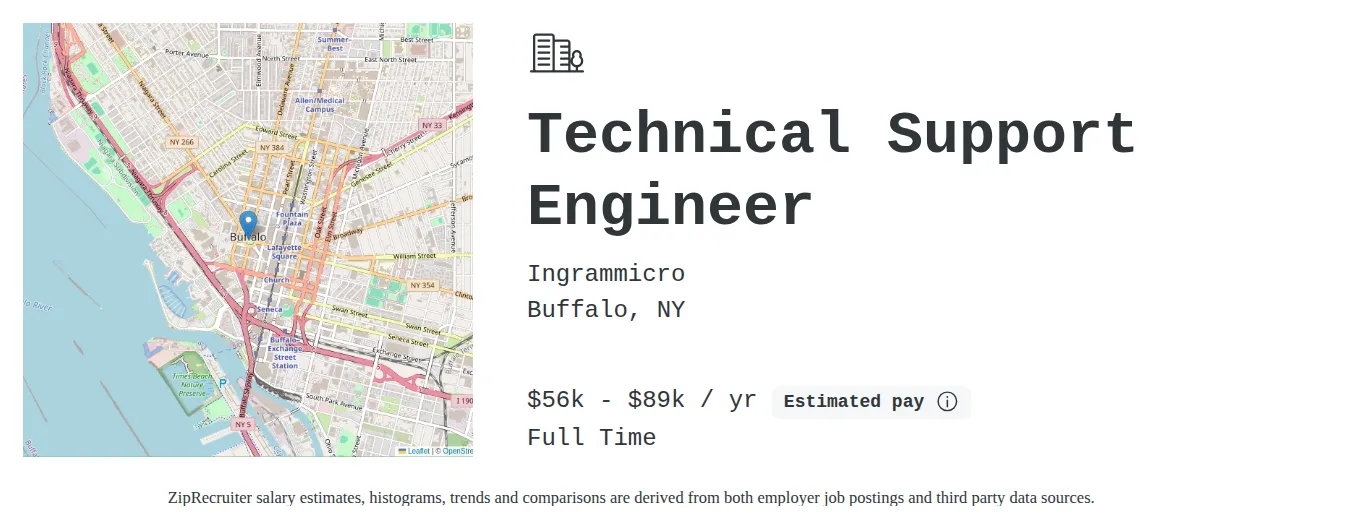 Ingrammicro job posting for a Technical Support Engineer in Buffalo, NY with a salary of $56 Hourly and benefits including Medical, PTO, Life, and Retirement with a map of Buffalo location.