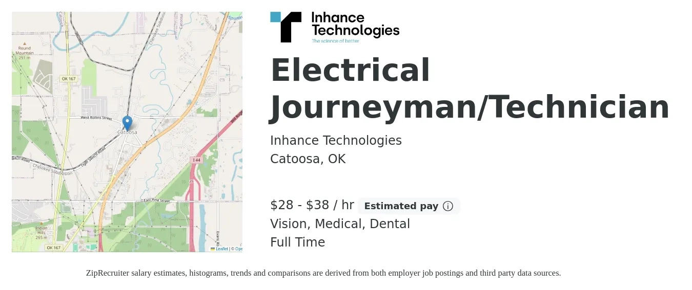 Inhance Technologies job posting for a Electrical Journeyman/Technician in Catoosa, OK with a salary of $30 to $40 Hourly and benefits including dental, life_insurance, medical, retirement, and vision with a map of Catoosa location.