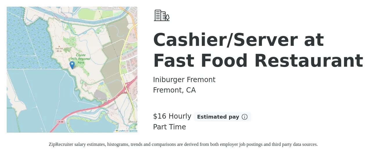 Iniburger Fremont job posting for a Cashier/Server at Fast Food Restaurant in Fremont, CA with a salary of $17 Hourly with a map of Fremont location.