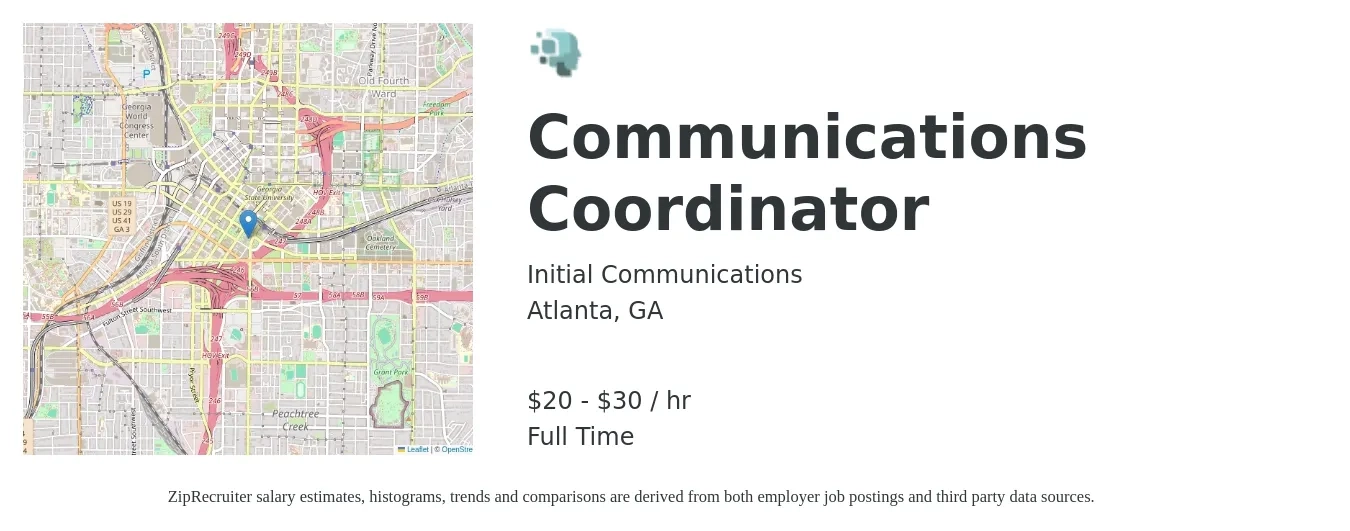 Initial Communications job posting for a Communications Coordinator in Atlanta, GA with a salary of $22 to $32 Hourly with a map of Atlanta location.