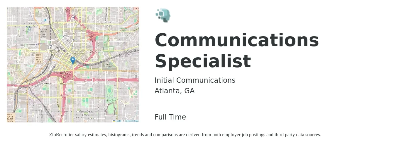 Initial Communications job posting for a Communications Specialist in Atlanta, GA with a salary of $50,800 to $67,400 Yearly with a map of Atlanta location.