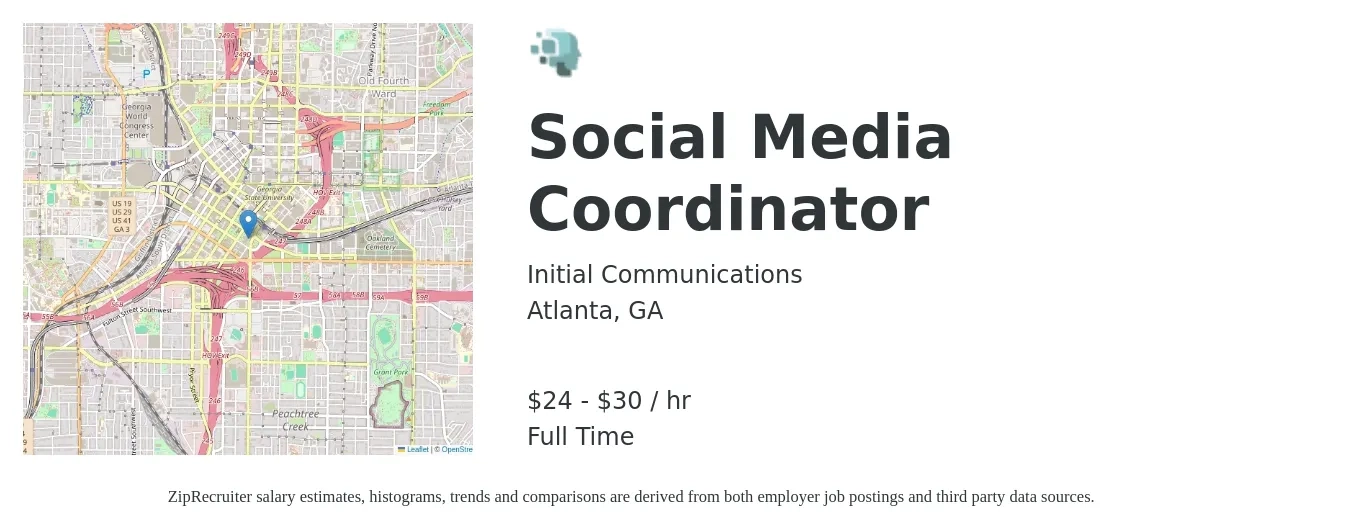 Initial Communications job posting for a Social Media Coordinator in Atlanta, GA with a salary of $42,500 to $55,000 Yearly with a map of Atlanta location.