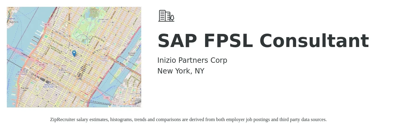 Inizio Partners Corp job posting for a SAP FPSL Consultant in New York, NY with a salary of $69 to $94 Hourly with a map of New York location.