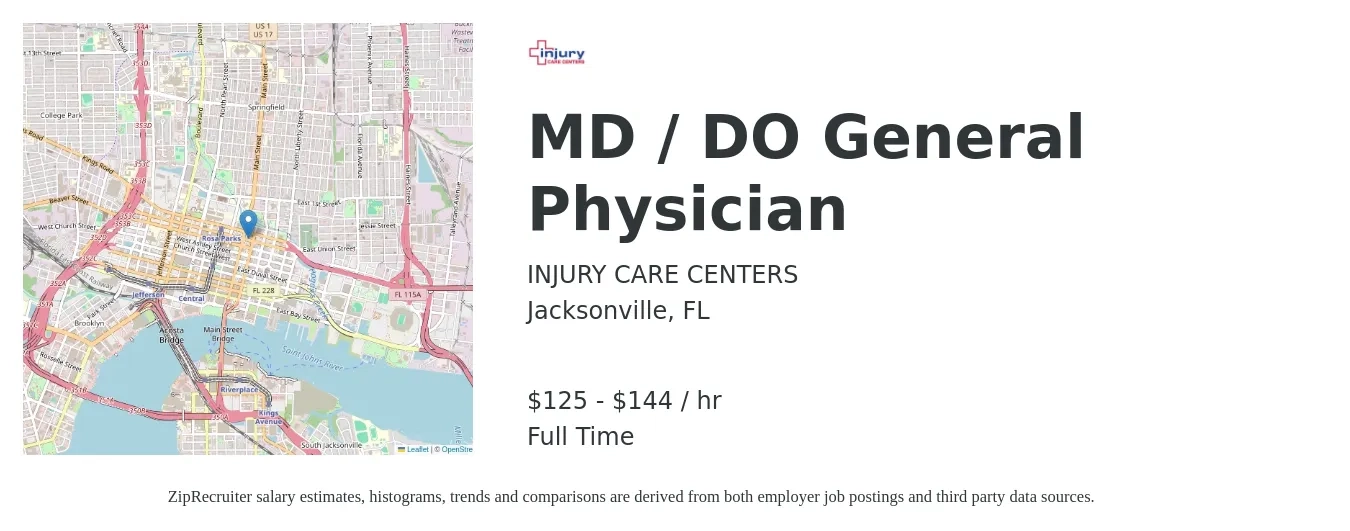 INJURY CARE CENTERS job posting for a MD / DO General Physician in Jacksonville, FL with a salary of $100 to $120 Hourly with a map of Jacksonville location.