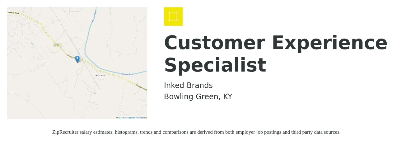 Inked Brands job posting for a Customer Experience Specialist in Bowling Green, KY with a salary of $17 to $22 Hourly with a map of Bowling Green location.
