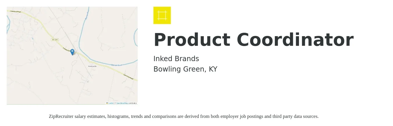Inked Brands job posting for a Product Coordinator in Bowling Green, KY with a salary of $21 to $29 Hourly with a map of Bowling Green location.