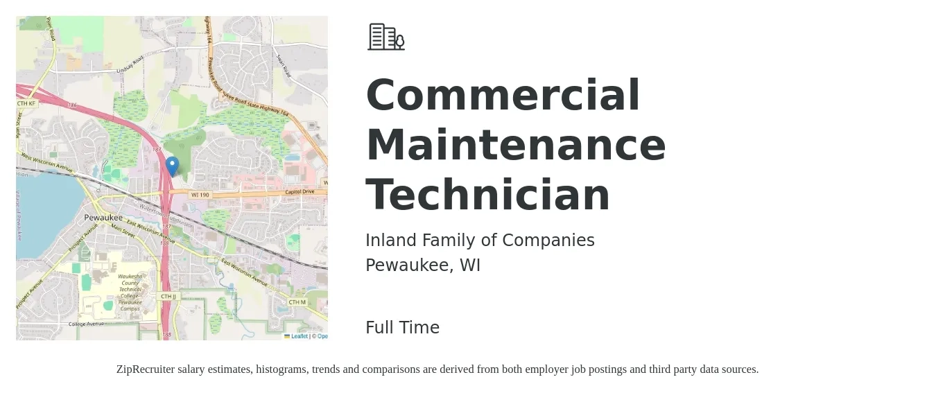 Inland Family of Companies job posting for a Commercial Maintenance Technician in Pewaukee, WI with a salary of $22 to $28 Hourly with a map of Pewaukee location.