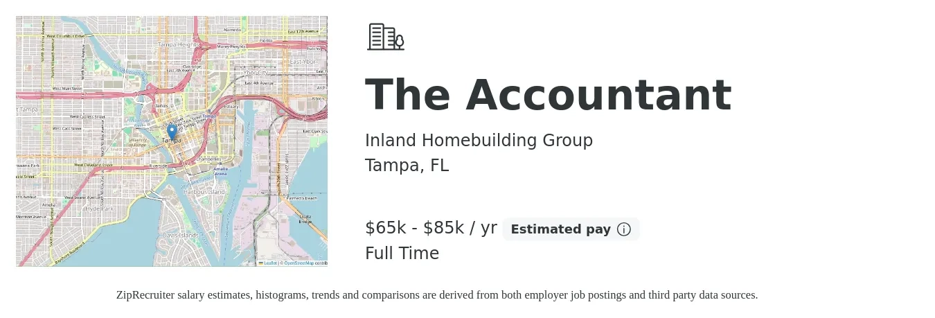 Inland Homebuilding Group job posting for a The Accountant in Tampa, FL with a salary of $65,000 to $85,000 Yearly with a map of Tampa location.