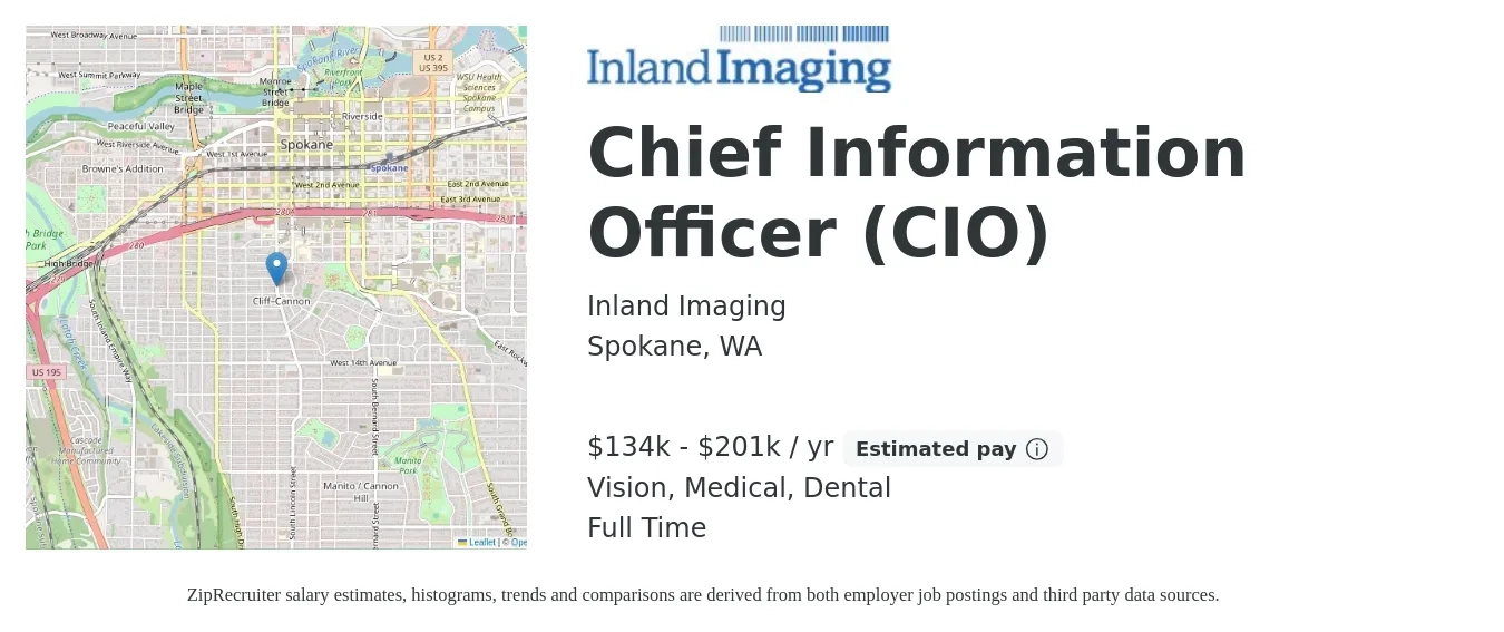 Inland Imaging job posting for a Chief Information Officer (CIO) in Spokane, WA with a salary of $134,220 to $201,328 Yearly and benefits including dental, life_insurance, medical, pto, retirement, and vision with a map of Spokane location.