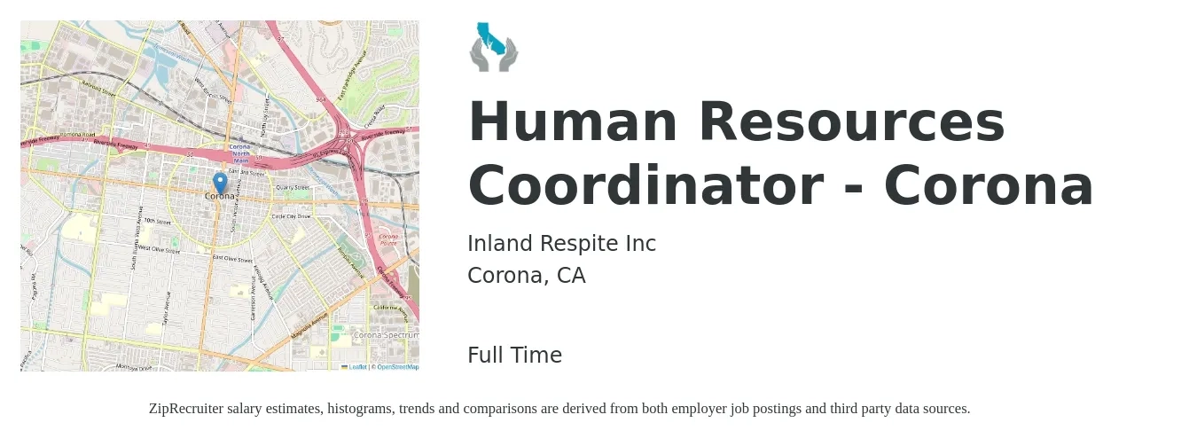 Inland Respite Inc job posting for a Human Resources Coordinator - Corona in Corona, CA with a salary of $22 to $28 Hourly with a map of Corona location.