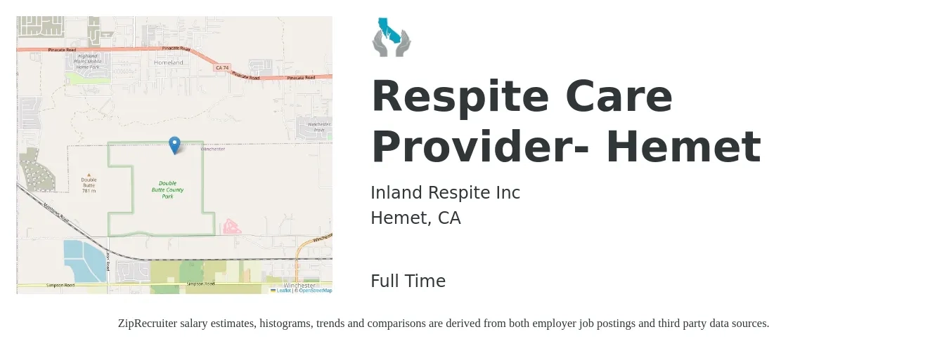 Inland Respite Inc job posting for a Respite Care Provider- Hemet in Hemet, CA with a salary of $18 to $20 Hourly with a map of Hemet location.