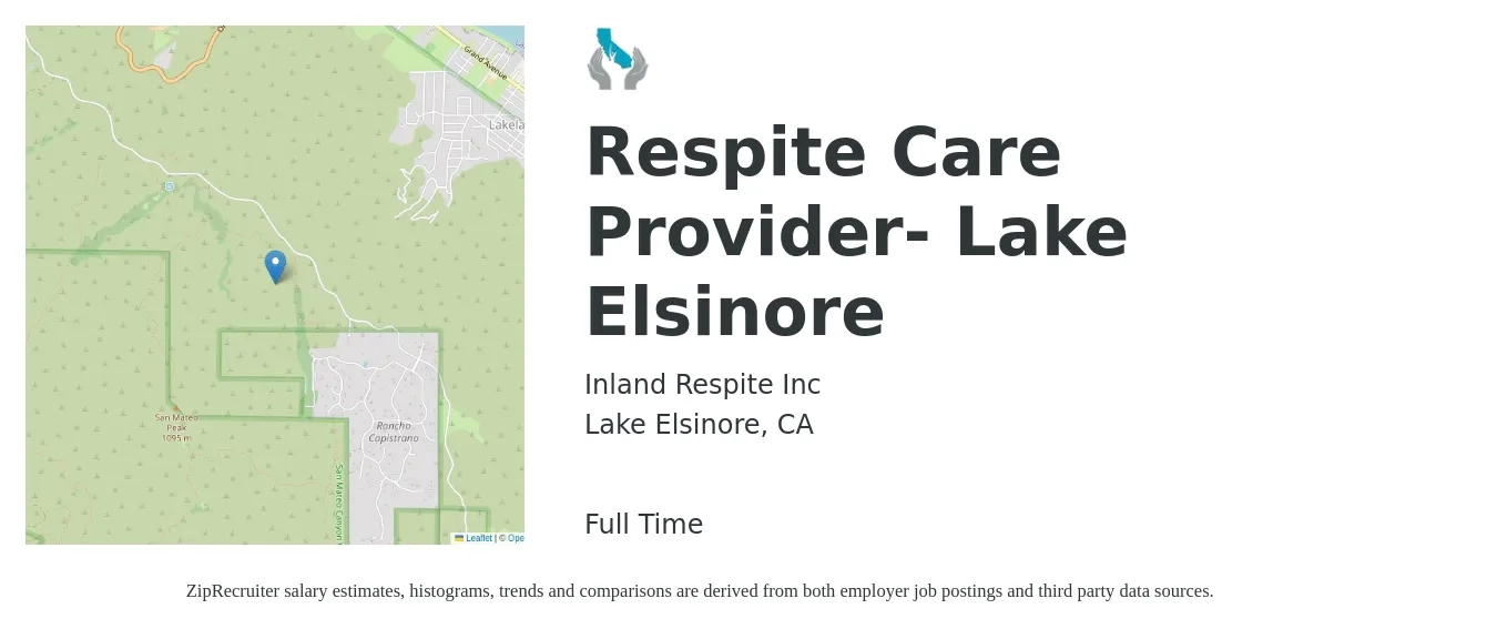Inland Respite Inc job posting for a Respite Care Provider- Lake Elsinore in Lake Elsinore, CA with a salary of $17 to $20 Hourly with a map of Lake Elsinore location.