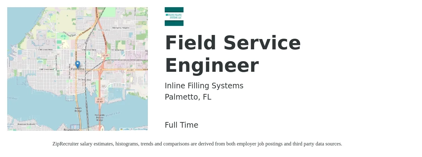 Inline Filling Systems job posting for a Field Service Engineer in Palmetto, FL with a salary of $51,600 to $76,600 Yearly with a map of Palmetto location.