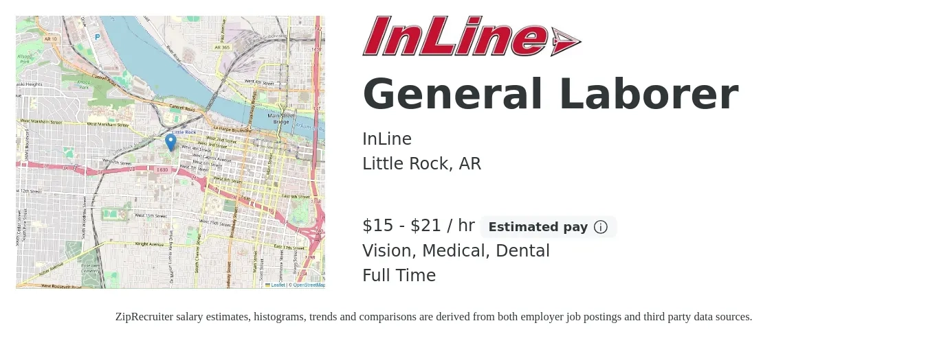 InLine job posting for a General Construction Laborer in Little Rock, AR with a salary of $16 to $22 Hourly (plus commission) and benefits including dental, life_insurance, medical, retirement, and vision with a map of Little Rock location.