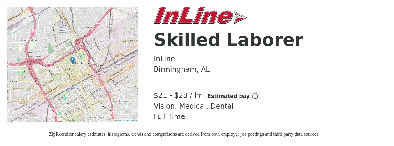 InLine job posting for a Skilled Laborer in Birmingham, AL with a salary of $22 to $30 Hourly (plus commission) and benefits including medical, retirement, vision, dental, and life_insurance with a map of Birmingham location.