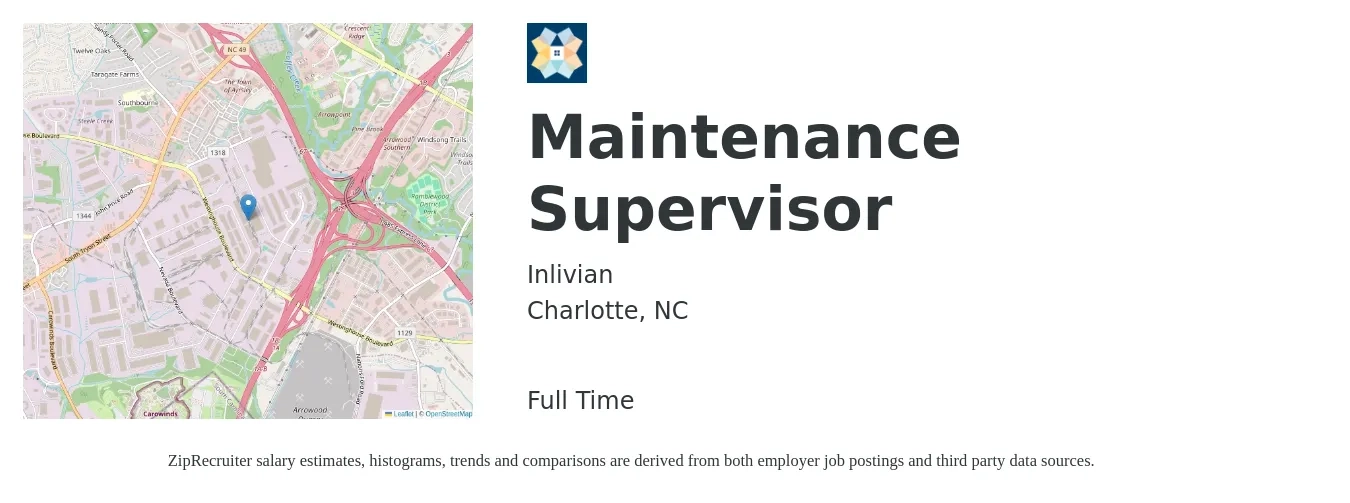 INLIVIAN job posting for a Maintenance Supervisor in Charlotte, NC with a salary of $56,000 to $58,000 Yearly with a map of Charlotte location.