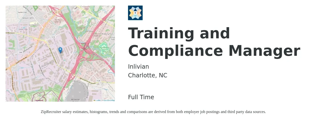 INLIVIAN job posting for a Training and Compliance Manager in Charlotte, NC with a salary of $70,000 to $75,000 Yearly with a map of Charlotte location.