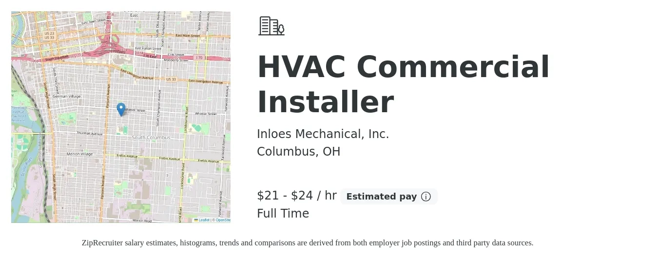 Inloes Mechanical, Inc. job posting for a HVAC Commercial Installer in Columbus, OH with a salary of $22 to $25 Hourly with a map of Columbus location.