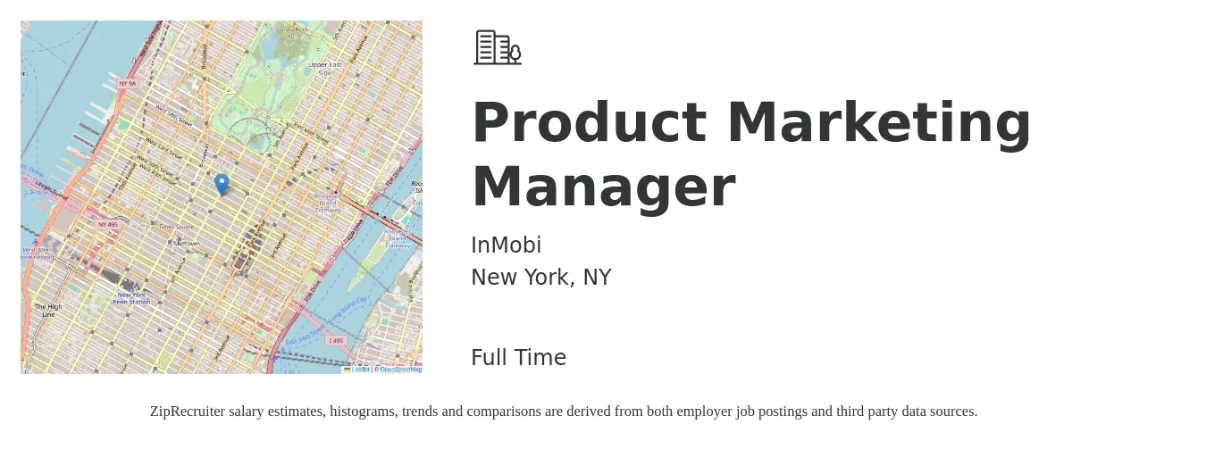 InMobi job posting for a Product Marketing Manager in New York, NY with a salary of $168,500 Yearly with a map of New York location.