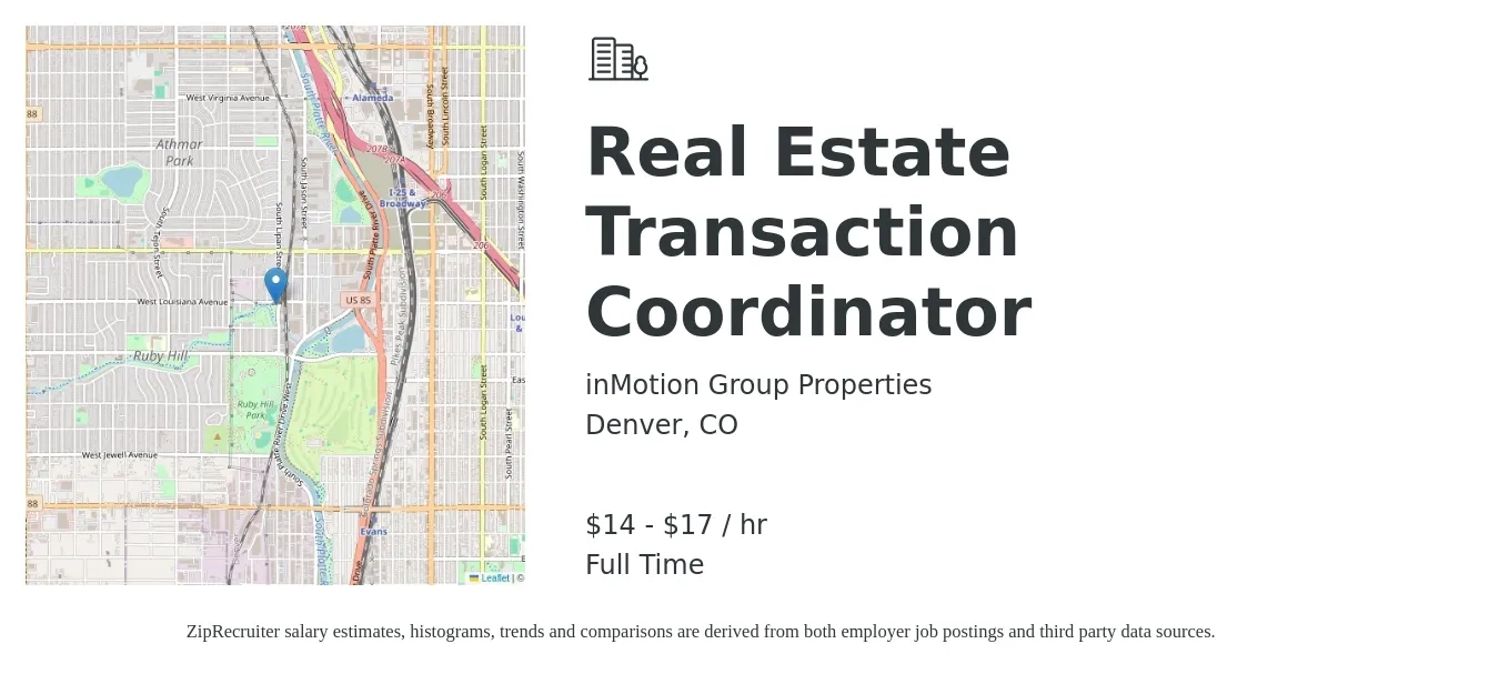 inMotion Group Properties job posting for a Real Estate Transaction Coordinator in Denver, CO with a salary of $15 to $18 Hourly with a map of Denver location.