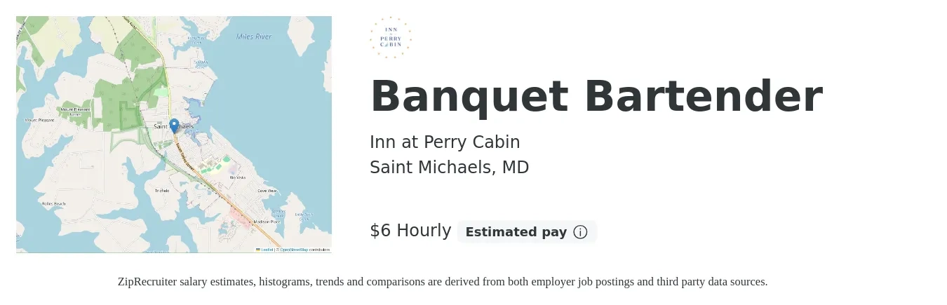 Inn at Perry Cabin job posting for a Banquet Bartender in Saint Michaels, MD with a salary of $7 Hourly with a map of Saint Michaels location.