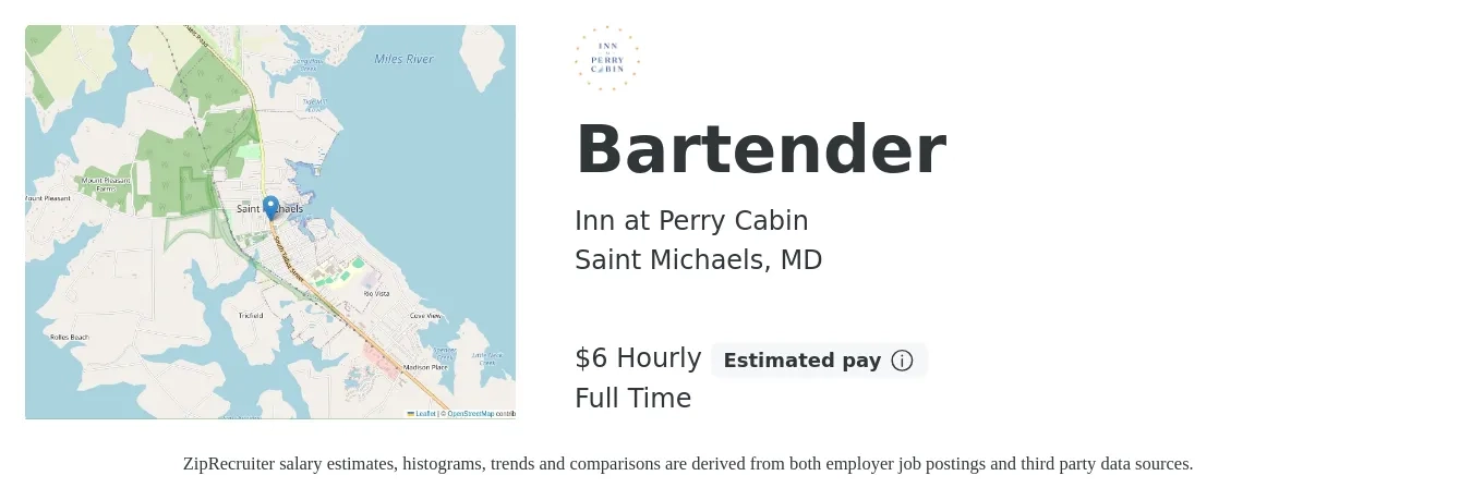Inn at Perry Cabin job posting for a Bartender in Saint Michaels, MD with a salary of $7 Hourly with a map of Saint Michaels location.